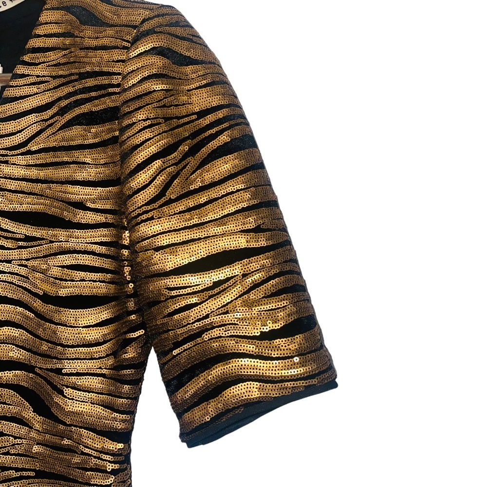 Alice & Olivia Gold Bronze Sequin Stripe Velvet Inka Evening Mini Dress - Picture 8 of 16